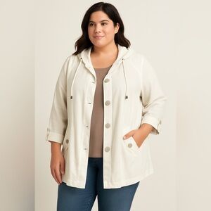 Jones New York White Linen Blend Button Front Hooded Jacket 2X swim Cover-up‎